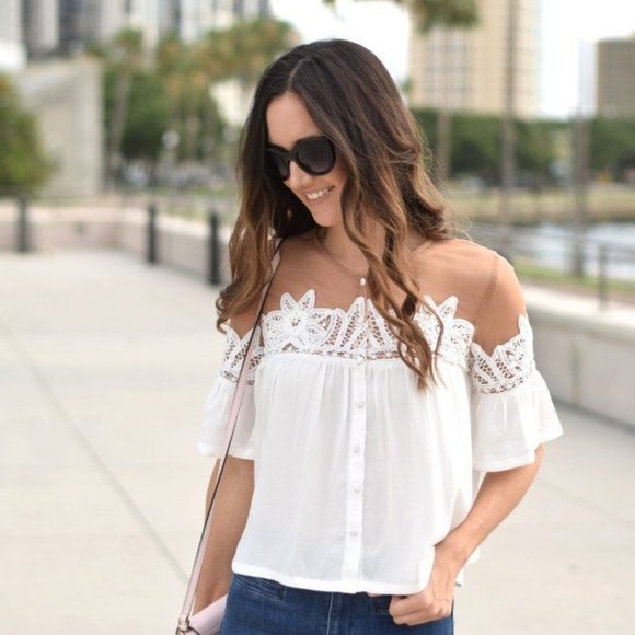 FOR LOVE & LEMONS White Lace Mesh Carmine Blouse L - Picture 13 of 15